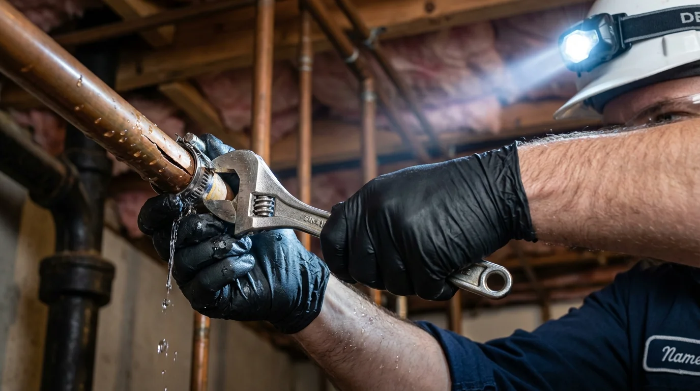 Emergency pipe clamp repair being performed by a Johns Plumbing LLC plumber in Mount Airy