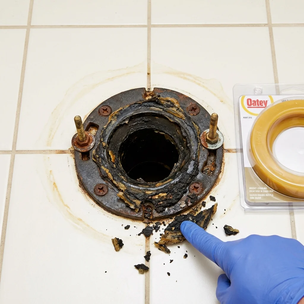 Failed wax ring showing water seepage at the base of a toilet in a Mount Airy, GA home
