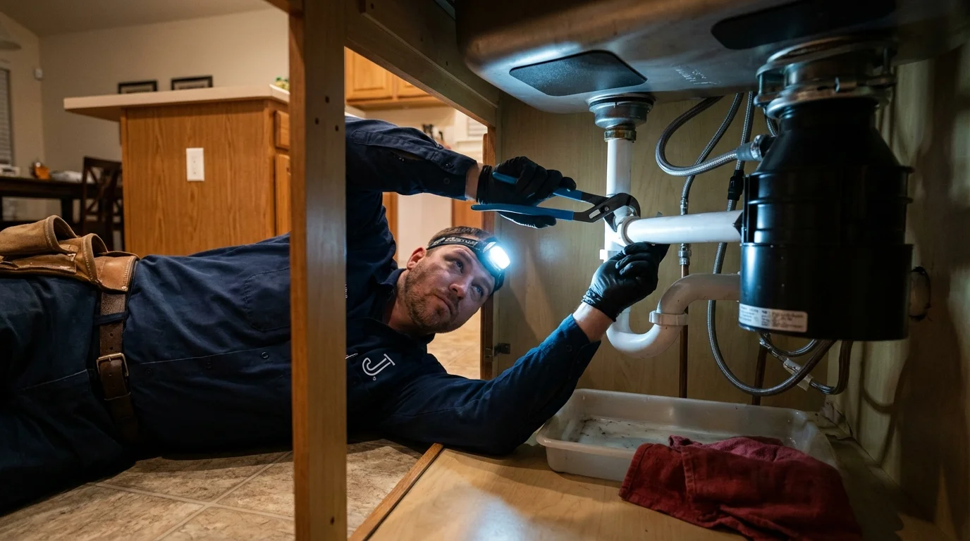 P-trap and supply line connections under a kitchen sink showing a common leak point in Mount Airy, GA